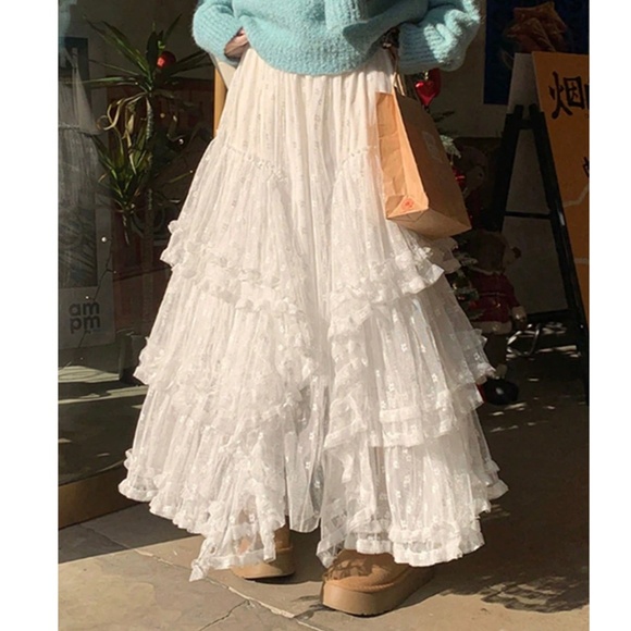 Boho Swiss Dot Lace Stretchy Waist Flared Ruffle Maxi Skirt - Picture 3 of 7